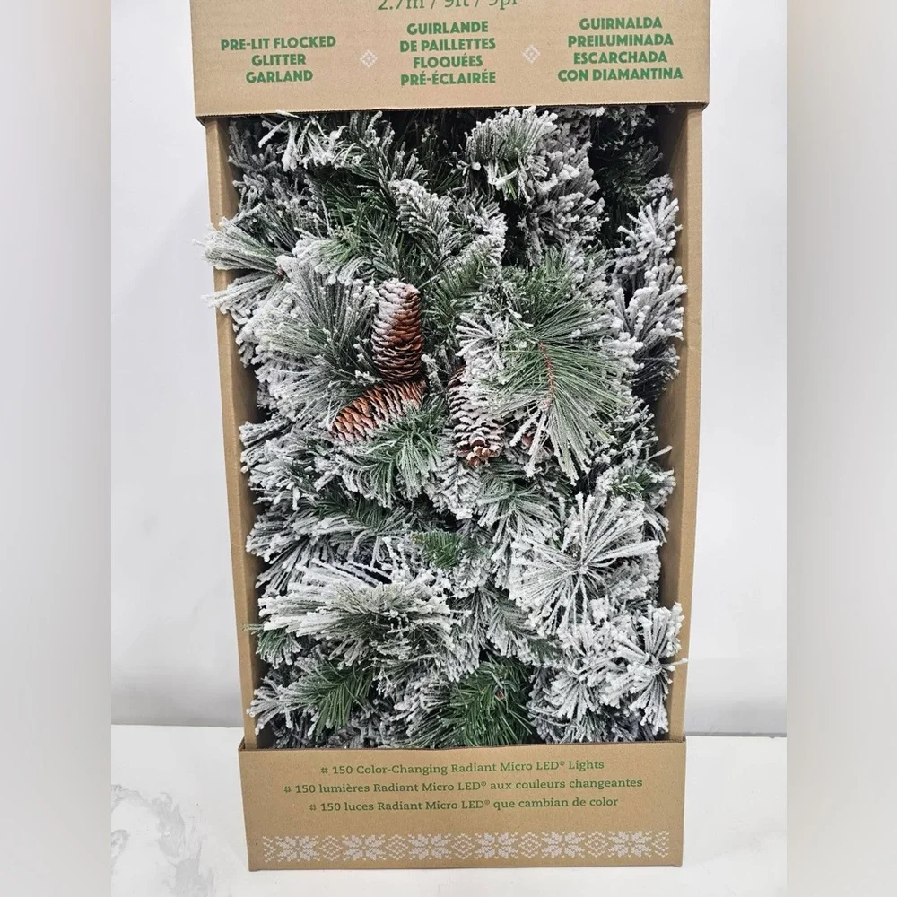 Pre-Lit Snow Flocked Glitter Garland 9ft Christmas Decor New
